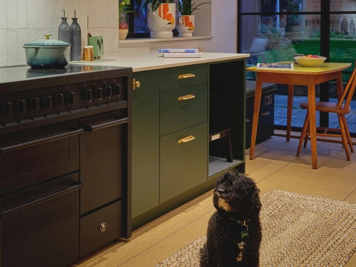 Modern green kitchen with a black dog seated on a woven rug
